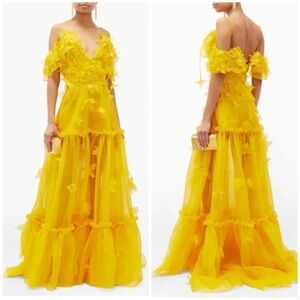 Dundas Floral Appliqué Tiered Silk Organza Gown Yellow